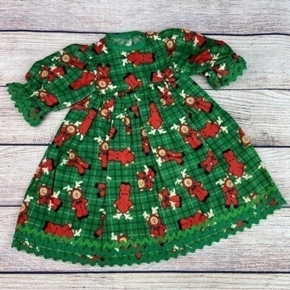 Handmade Vintage Doll Dress Green Red Teddy Bear Christmas Print Fabric - Picture 2 of 12